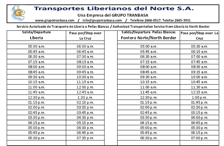 Horario buses Liberia/ LA Cruz
